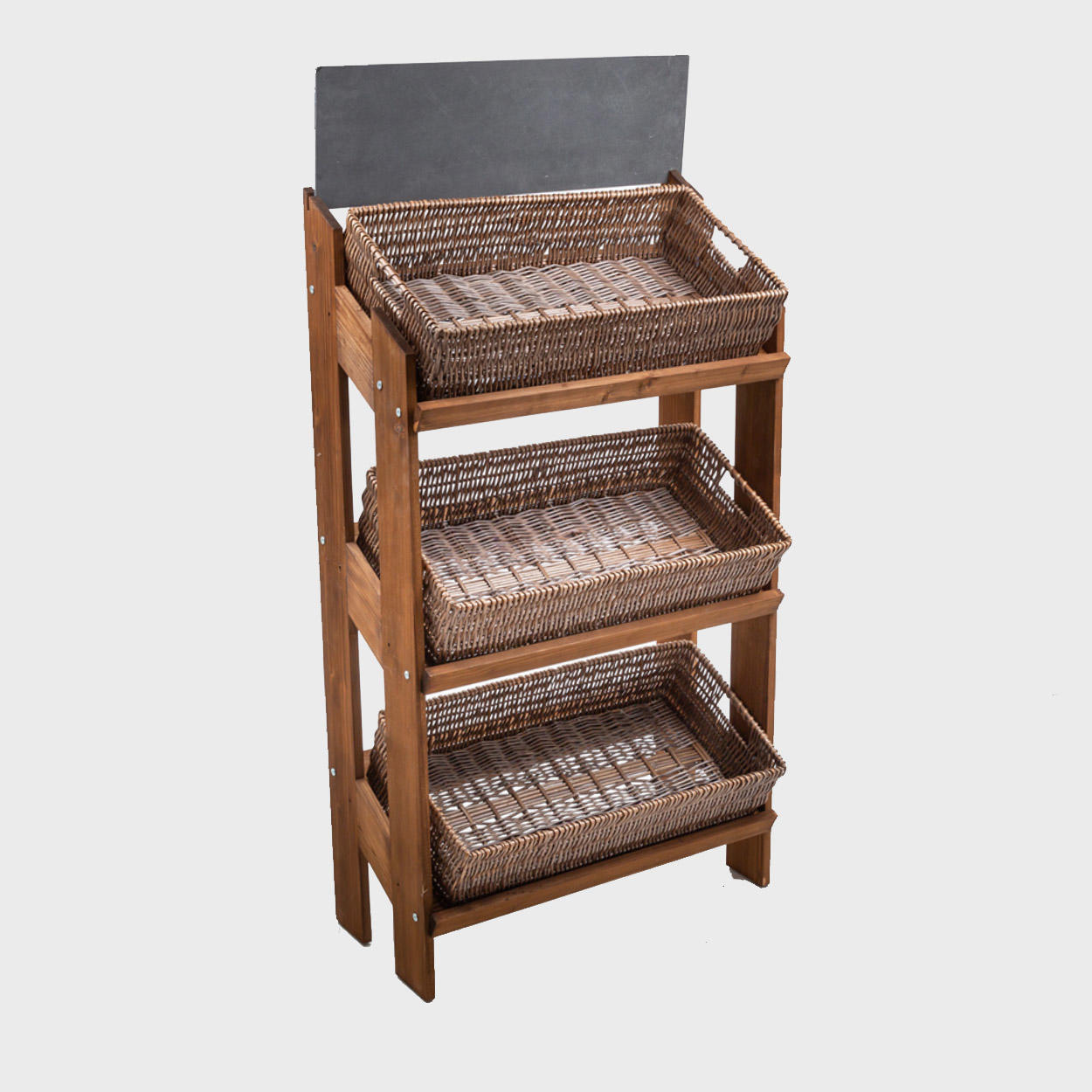 A three-shelf retail display stand made of dark oak wood with rustic wicker trays.