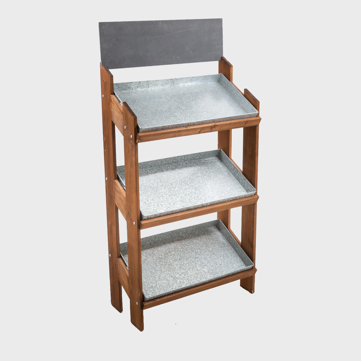 A dark oak wooden display stand with three shelves, each holding a galvanised metal tray.