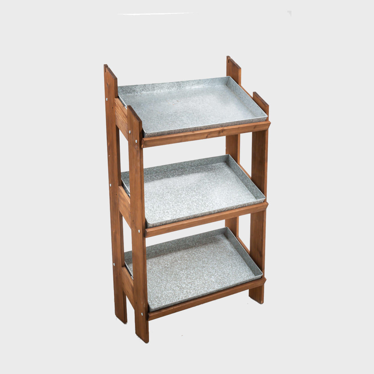 A dark oak wooden display stand with three shelves, each holding a galvanised metal tray.