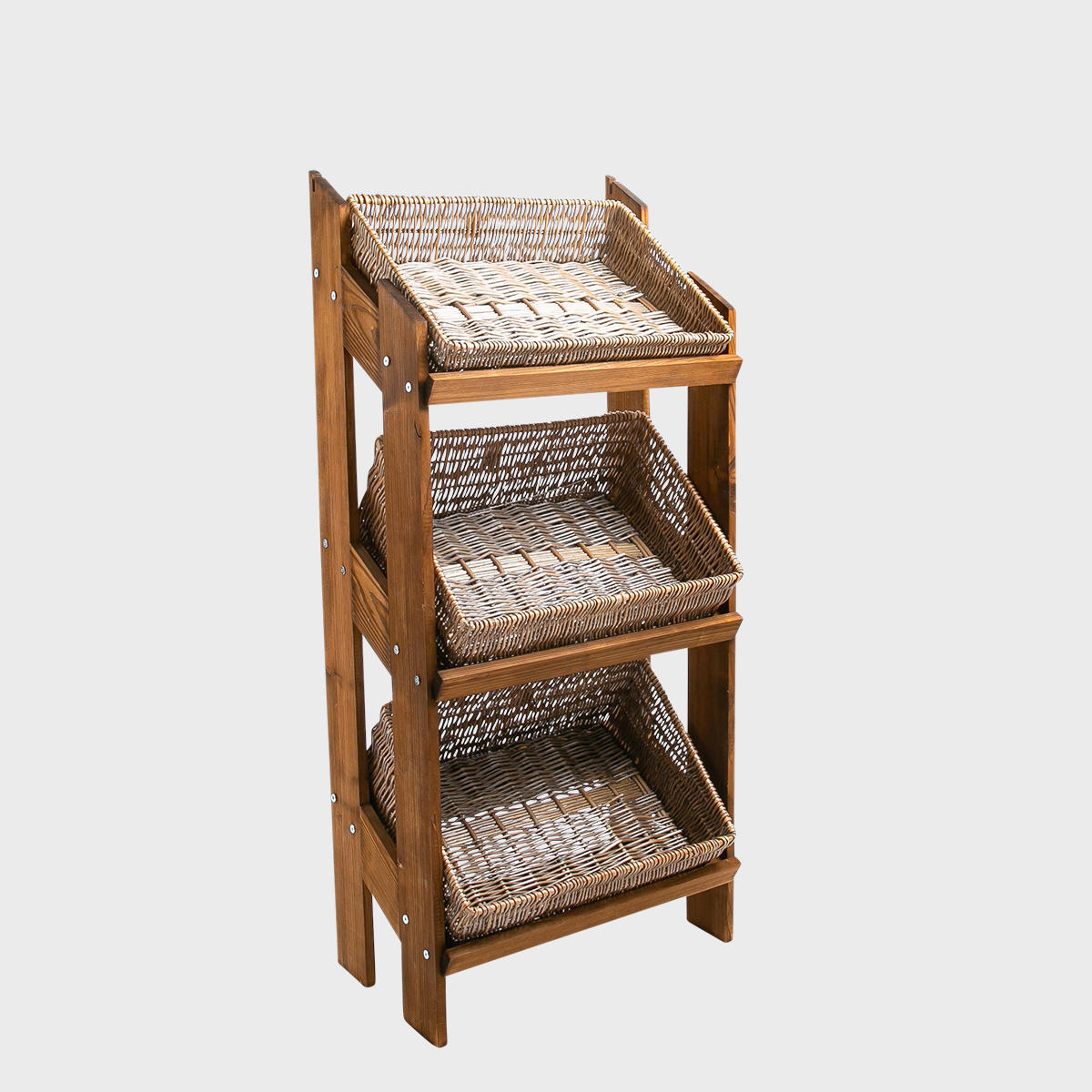 Norwood 3-shelf dark oak stand with angled wide rustic wicker 650