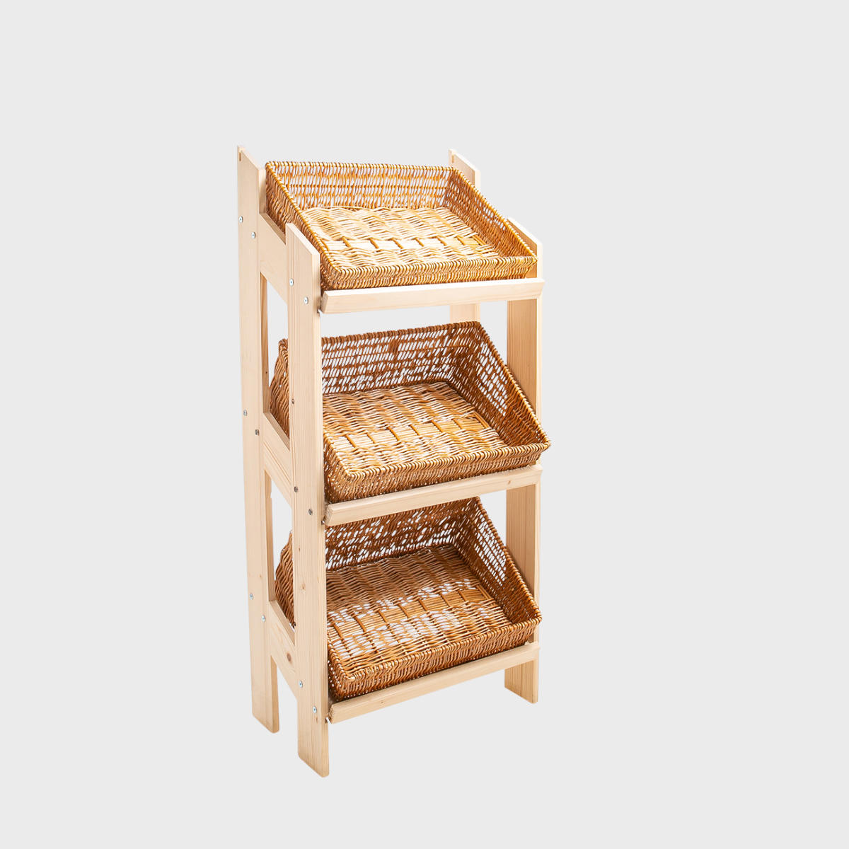 A three-tier retail display stand with angled, wide natural wicker trays and a blackboard on the top tier.