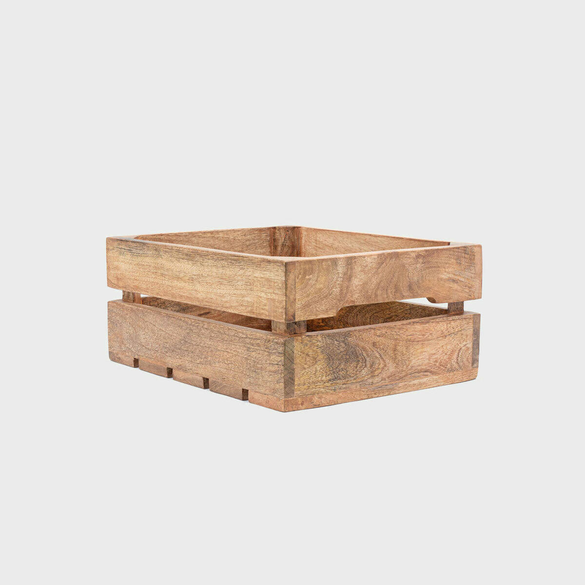 Mango wood display crate with a classic design.