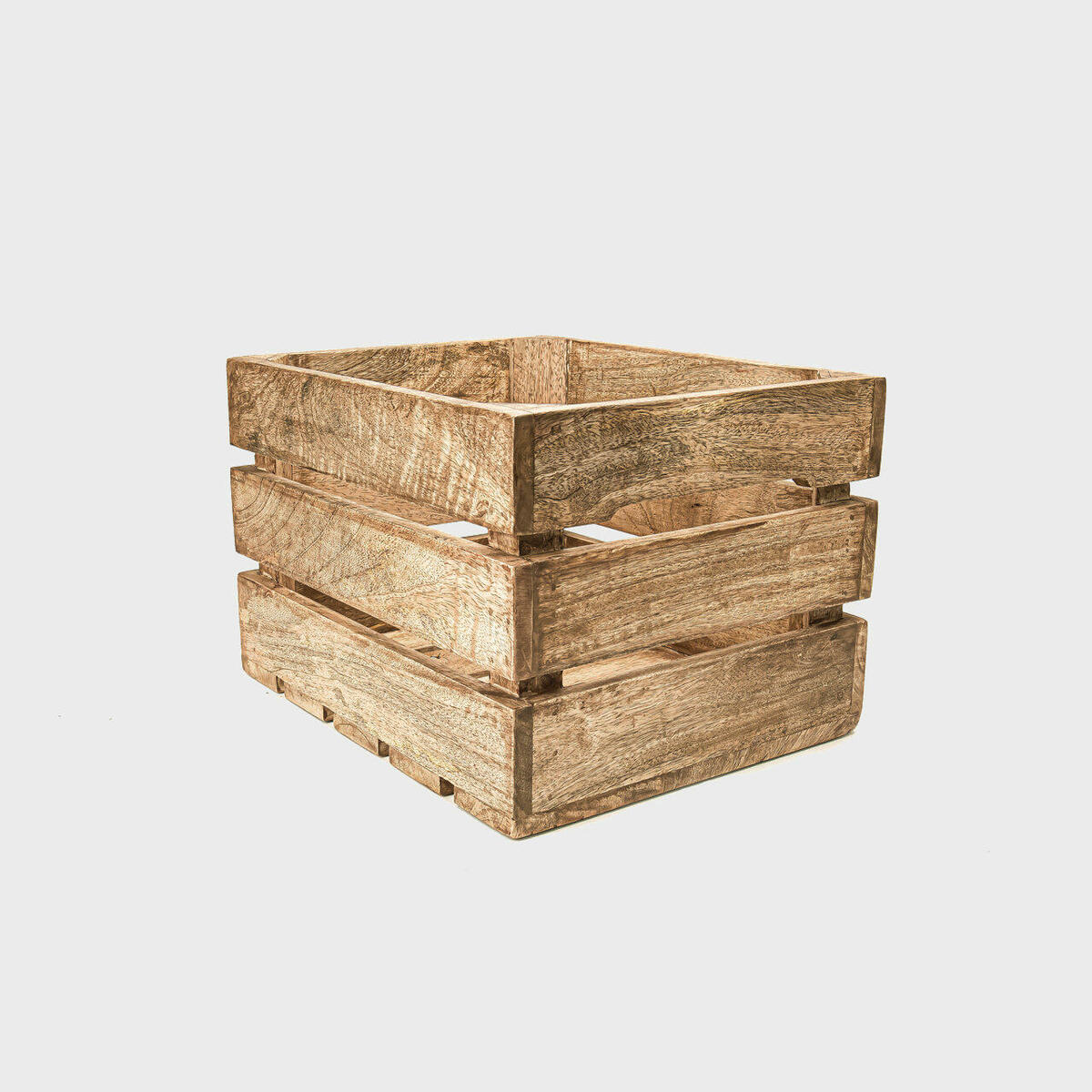 Three mango wood display crates in different sizes, with a classic design.