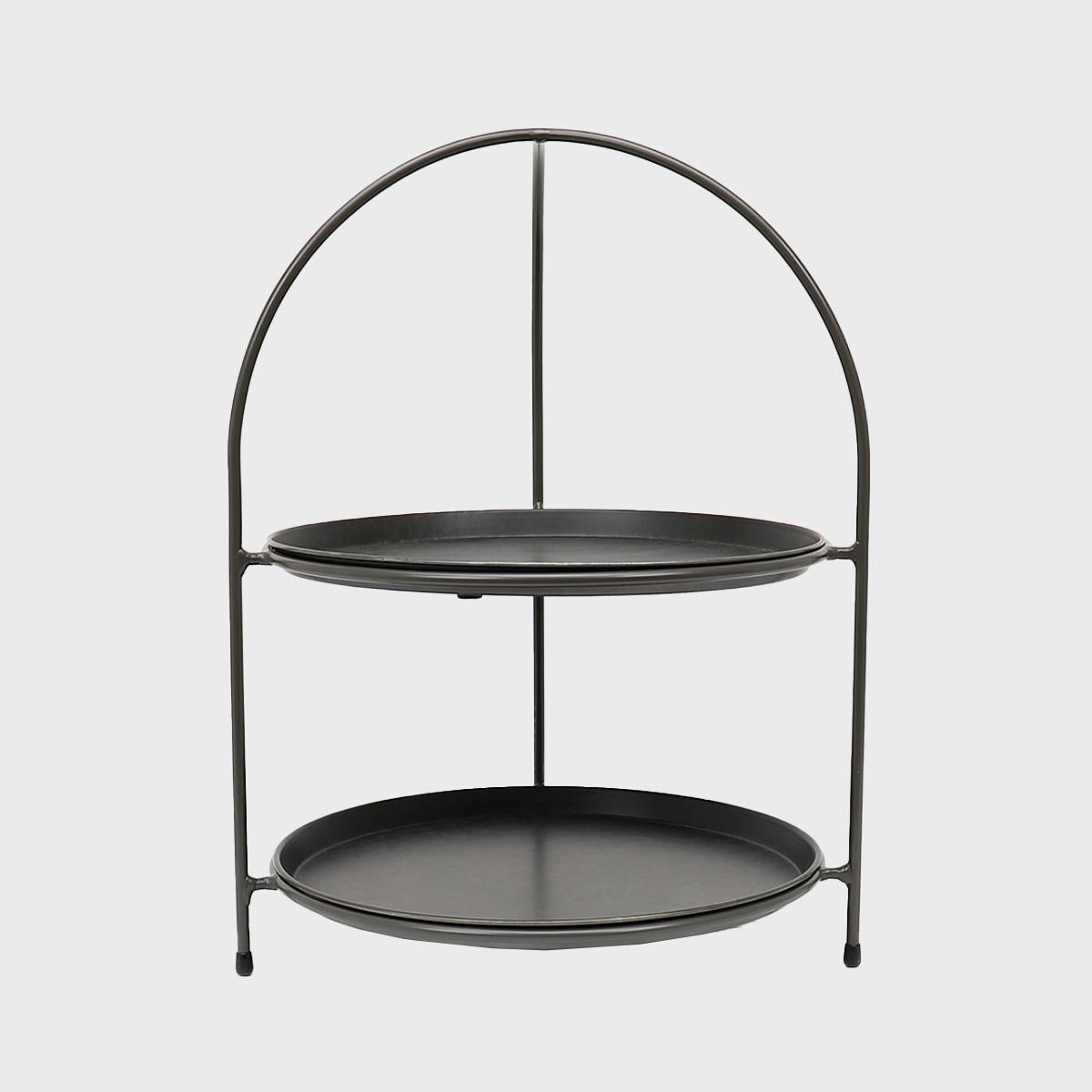 A two-tier metal riser with a serving tray on each tier, designed for displaying items.