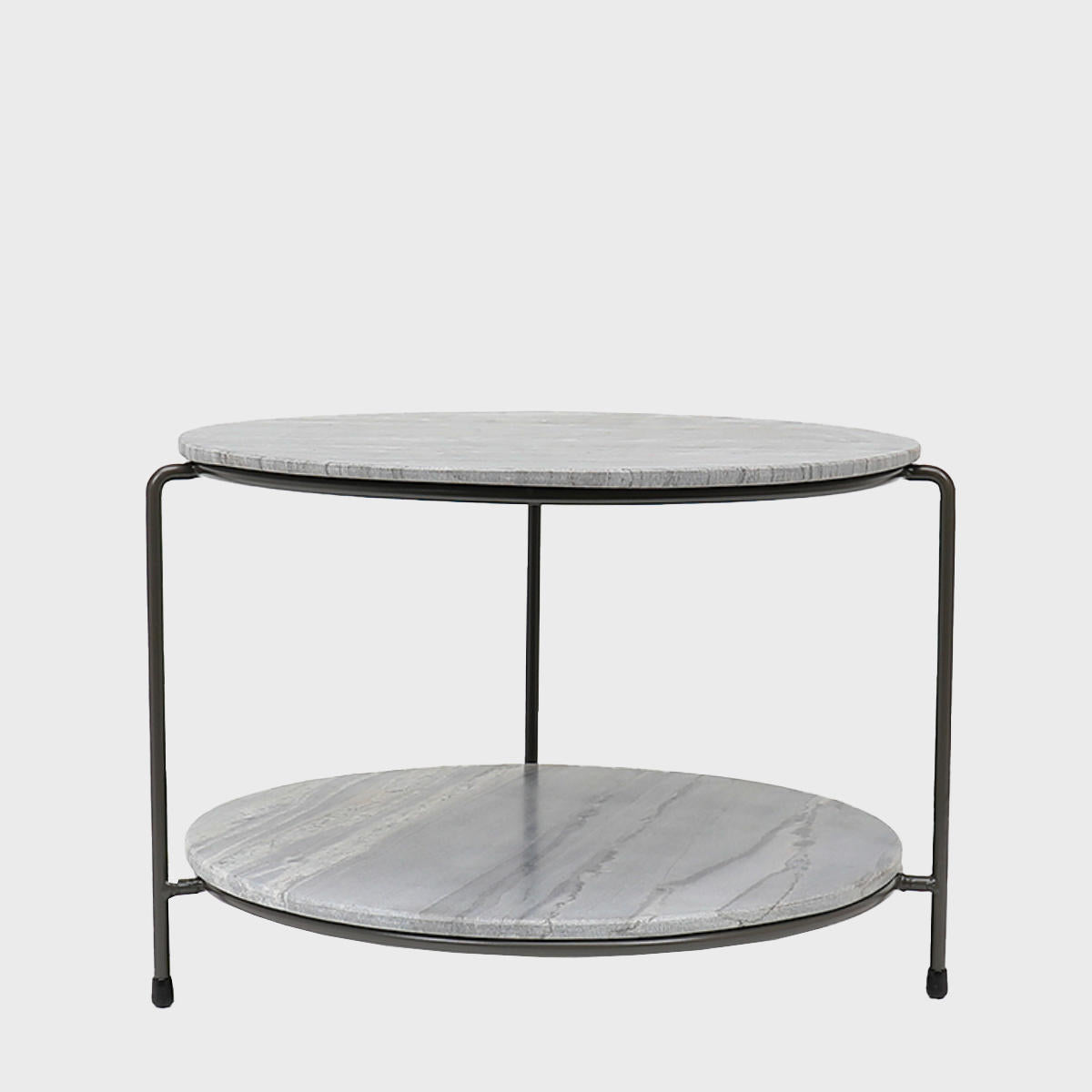 Two-tiered round metal riser with a grey marble board, designed for countertop display.