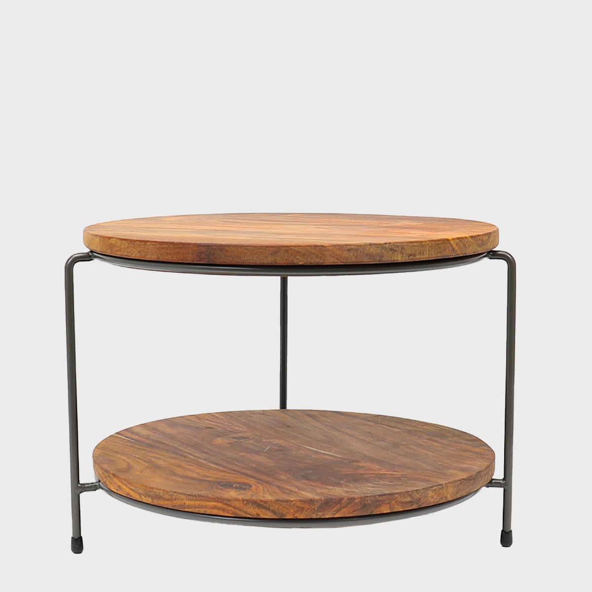 A two-tiered metal riser with round Sheesham wood boards on a white background.