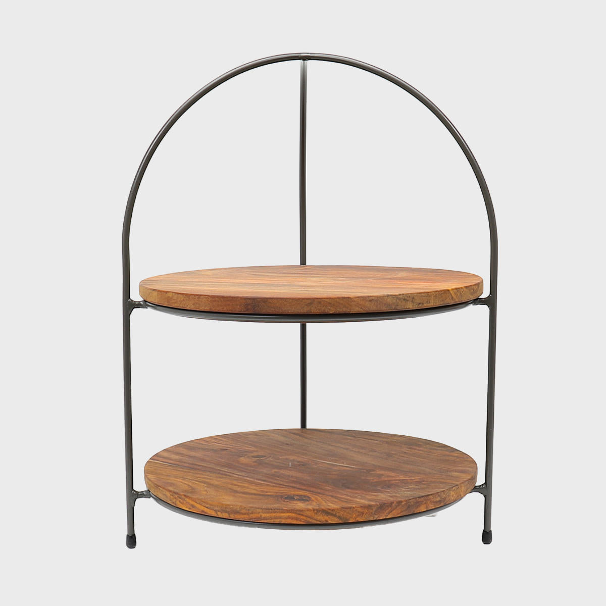 A two-tiered metal riser with round Sheesham wood boards on a white background.