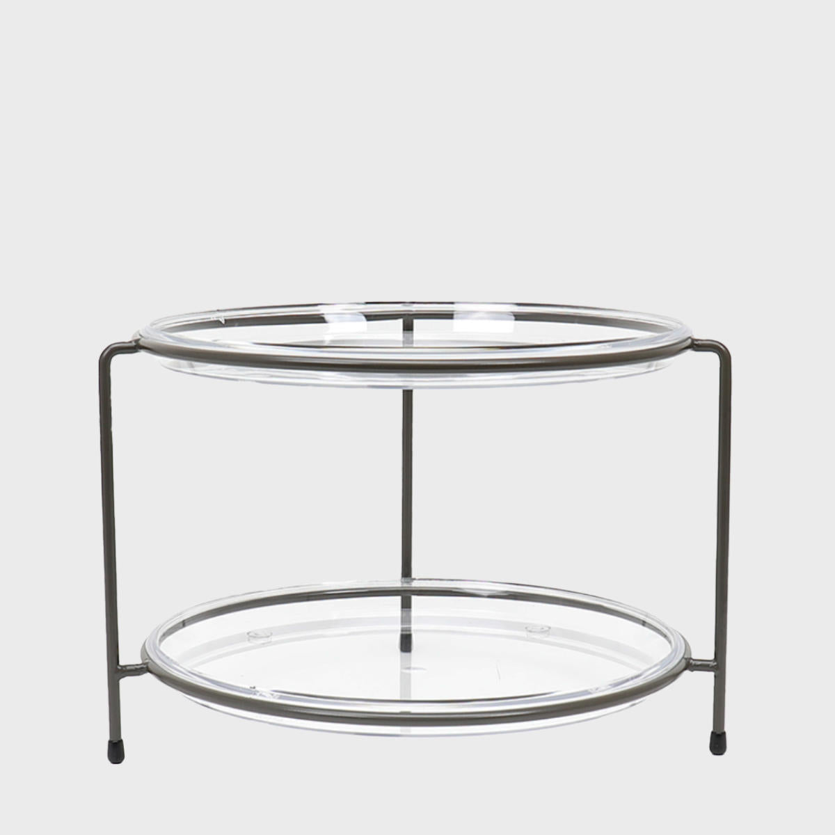 A two-tiered metal riser and clear acrylic trays, designed for countertop display.