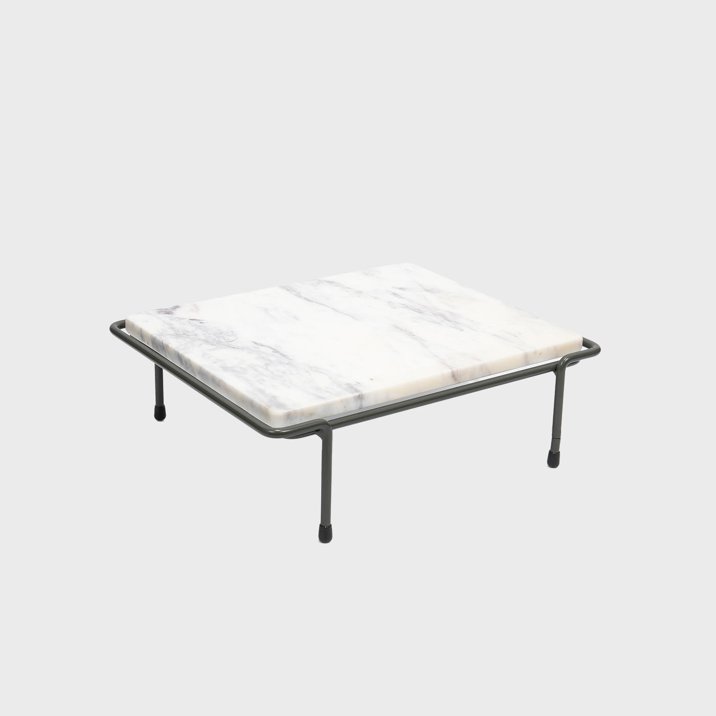 A rectangular riser with light grey marble boards and black metal frames.