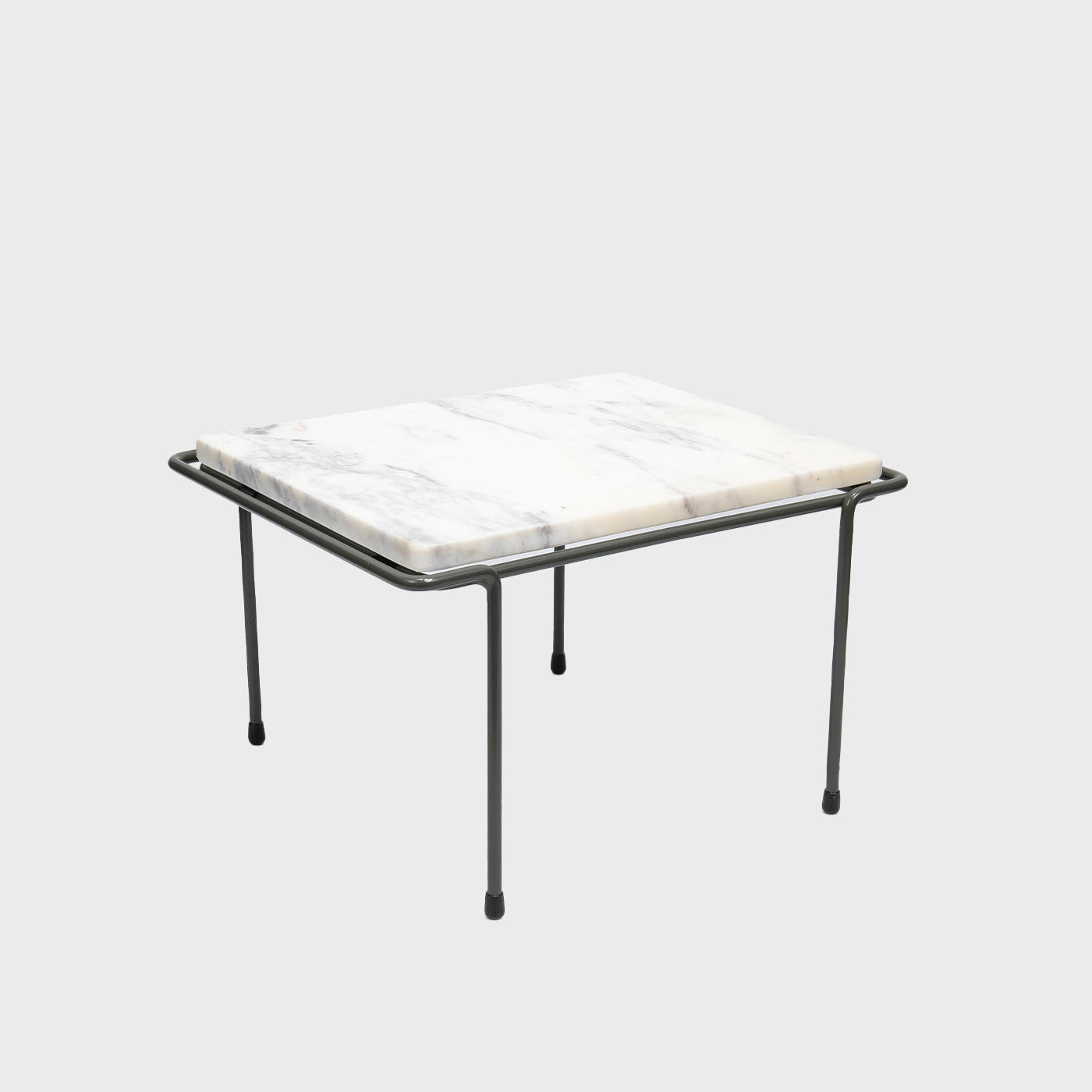 A rectangular riser with light grey marble boards and black metal frames, with one larger than the other.