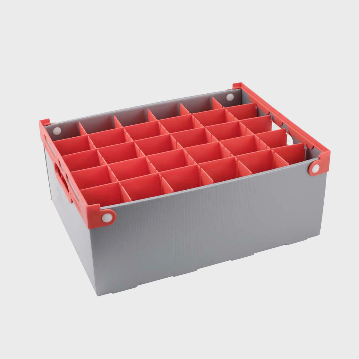 A grey Portaglas glass storage crate with red interlocking dividers designed for organising and protecting glassware during shipping and storage.