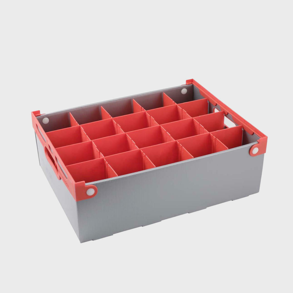 A grey Portaglas glass storage crate with red interlocking dividers designed for organising and protecting glassware during shipping and storage.