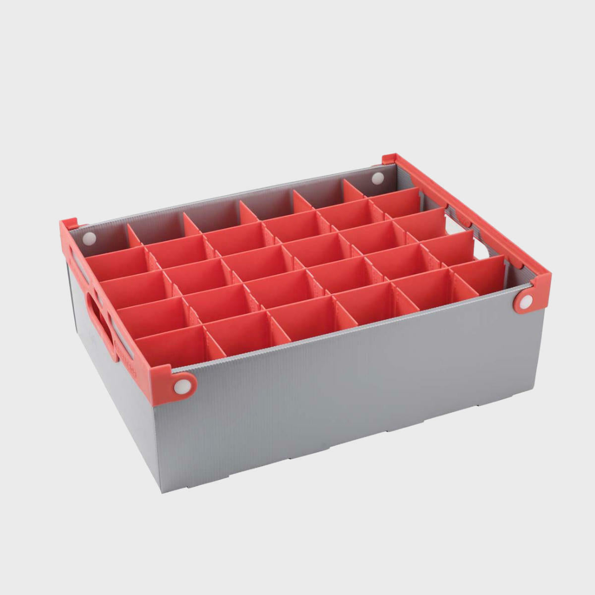 A grey Portaglas glass storage crate with red interlocking dividers designed for organising and protecting glassware during shipping and storage.