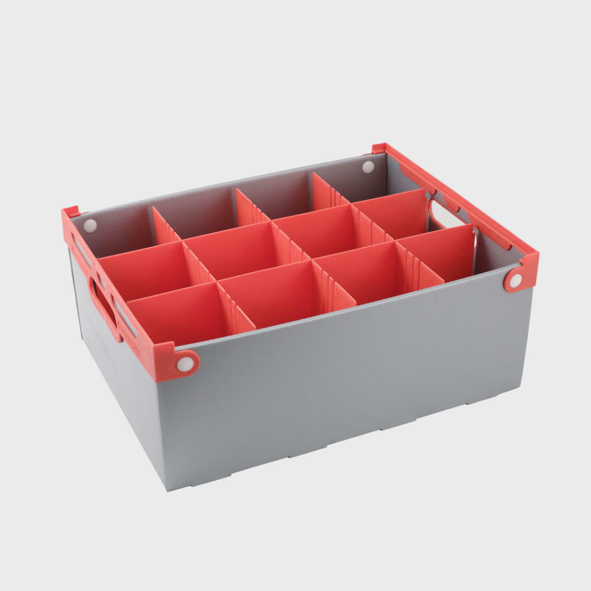 Grey Portaglas glass storage crate with red interlocking dividers designed for organising and protecting glassware during shipping and storage.