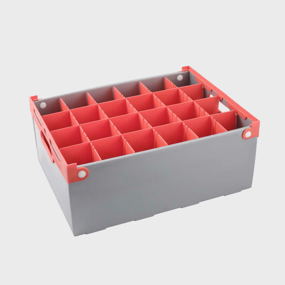 A gray Portaglas glass storage crate with red interlocking dividers designed for organizing and protecting glassware during shipping and storage.