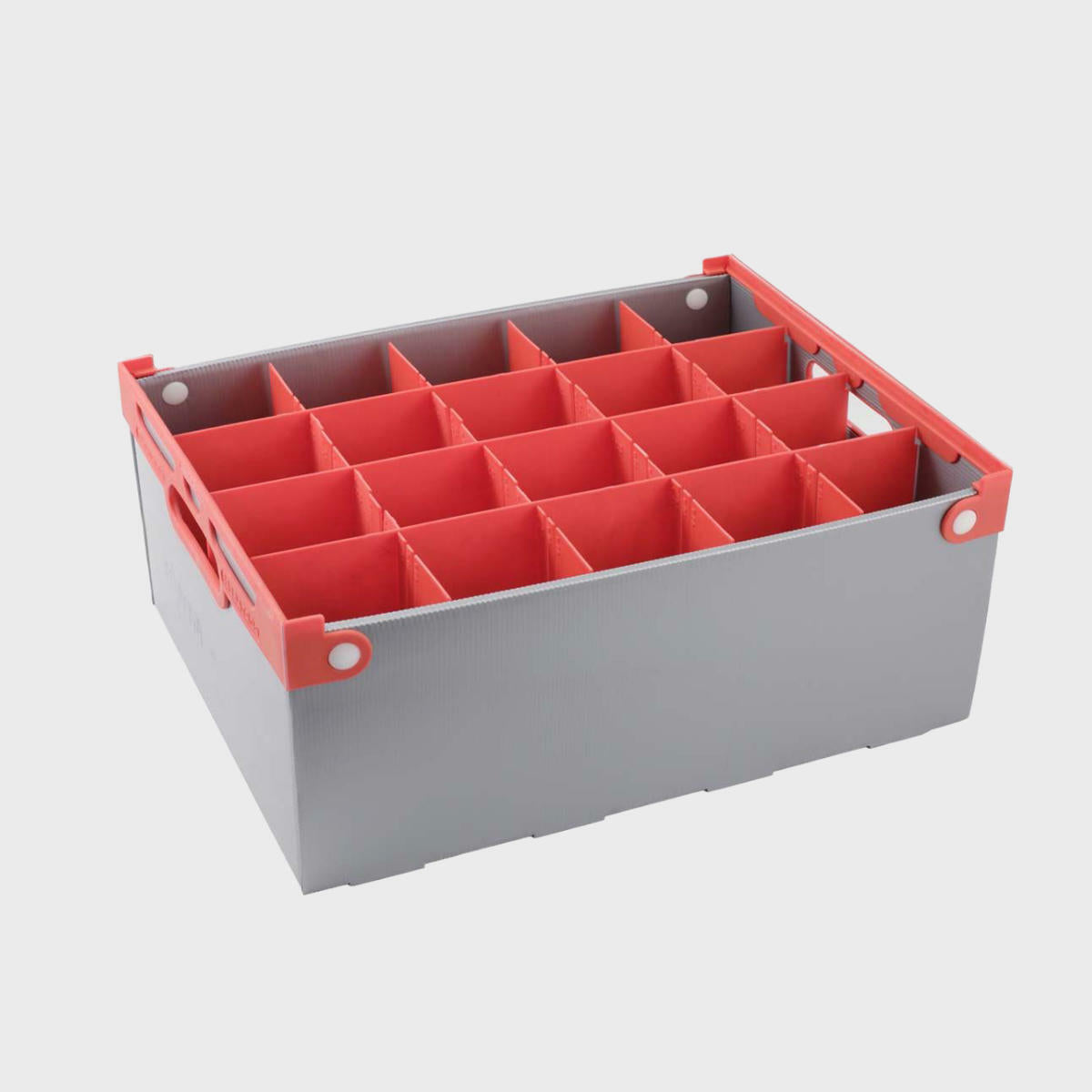 A grey Portaglas glass storage crate with red interlocking dividers designed for organising and protecting glassware during shipping and storage.