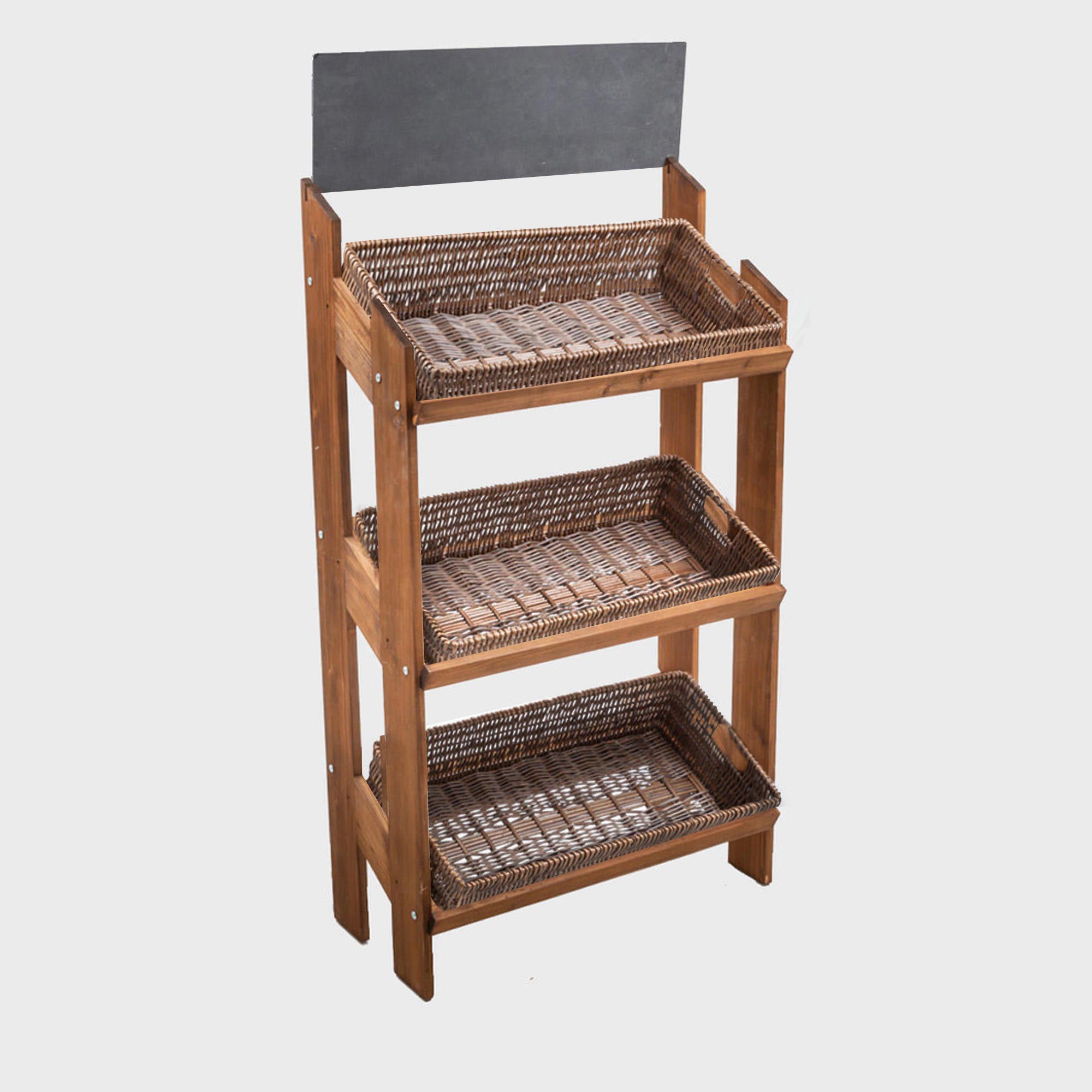 A three-shelf retail display stand made of dark oak with shallow wicker trays on each shelf.