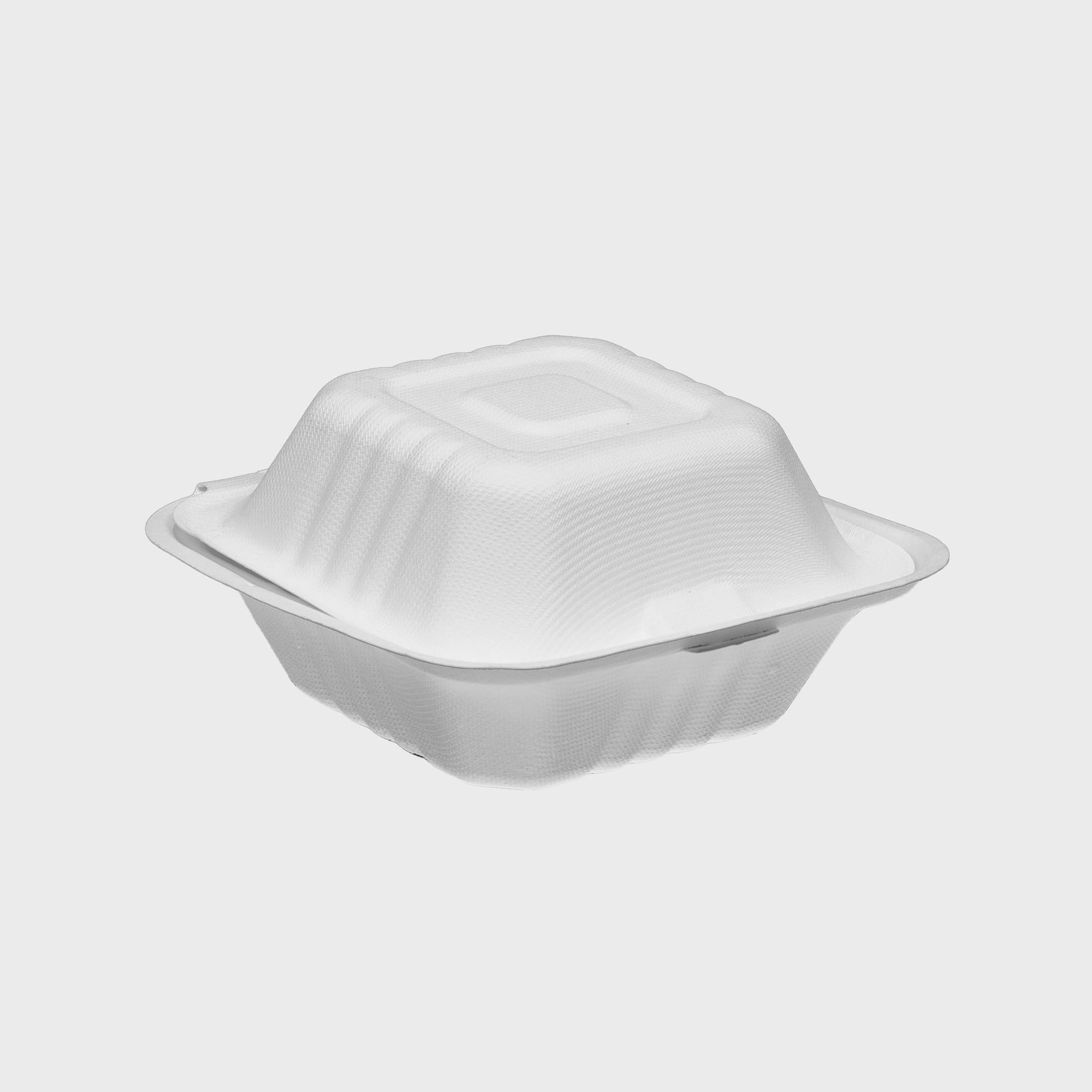 A white rectangular sugarcane takeaway container with a lid on a white background.
