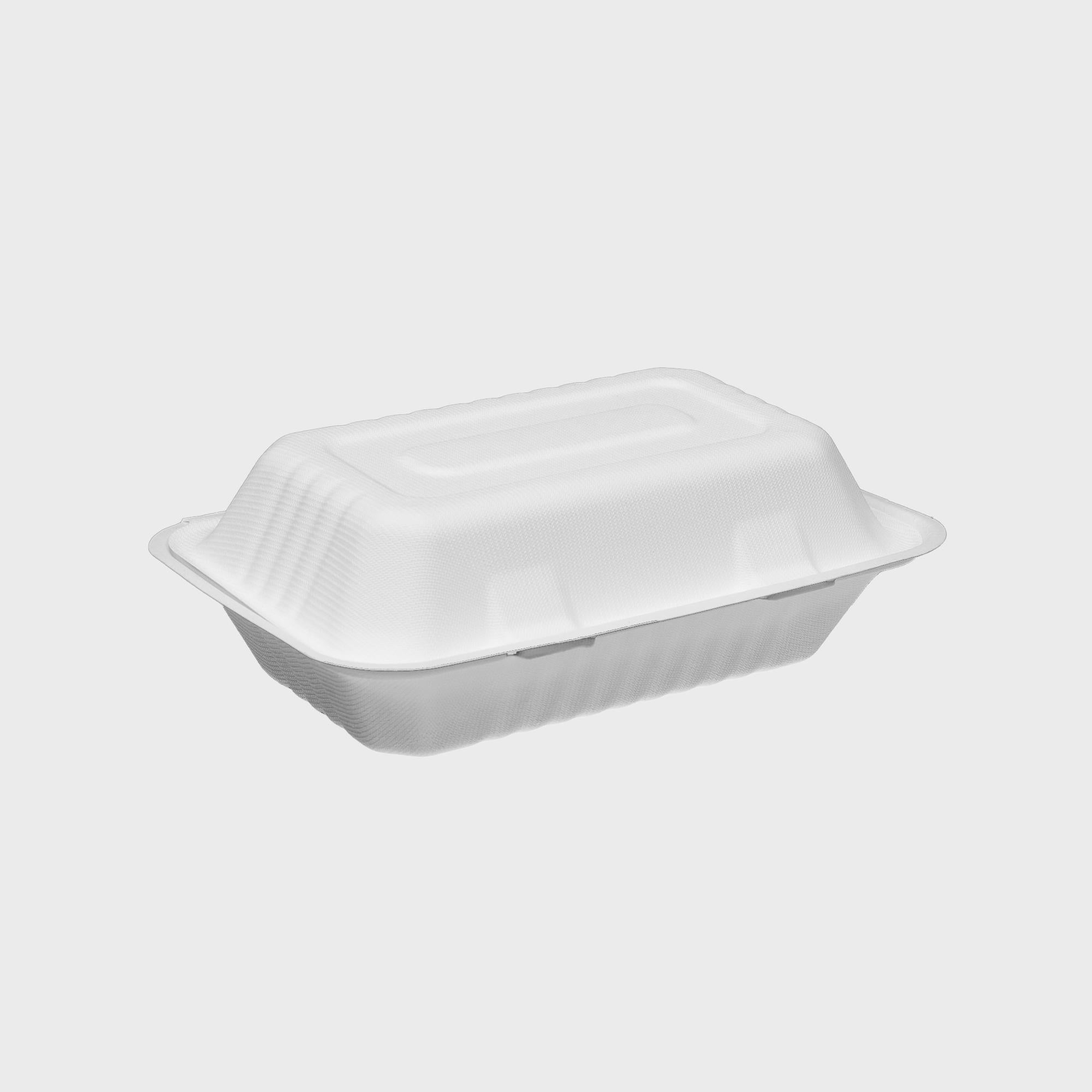 A white rectangular sugarcane takeaway container with lid.