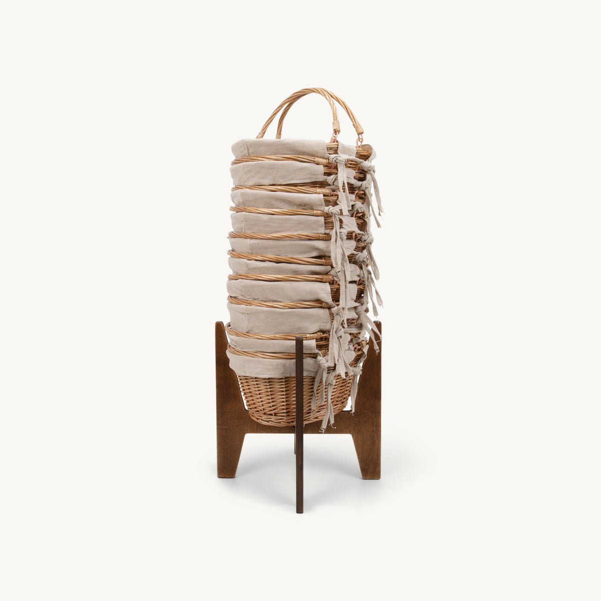 Lined wicker shopping baskets with stand hand-woven from natural split-wicker.