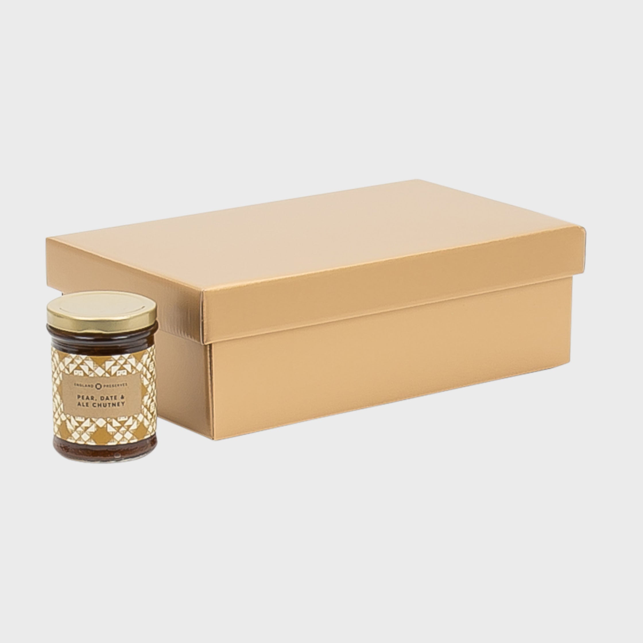 Small 12 inch gold gift box with drop on lid from high-density rigid paperboard.