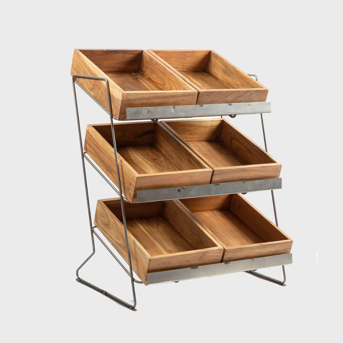 Railton tiered counter top display unit with small acacia trays featuring a multi-tiered layout for product positioning.