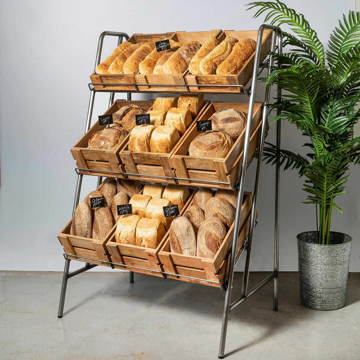 Camberwell retail stand 3 shelf with chatto wooden crates featuring a multi-tiered layout for product positioning.