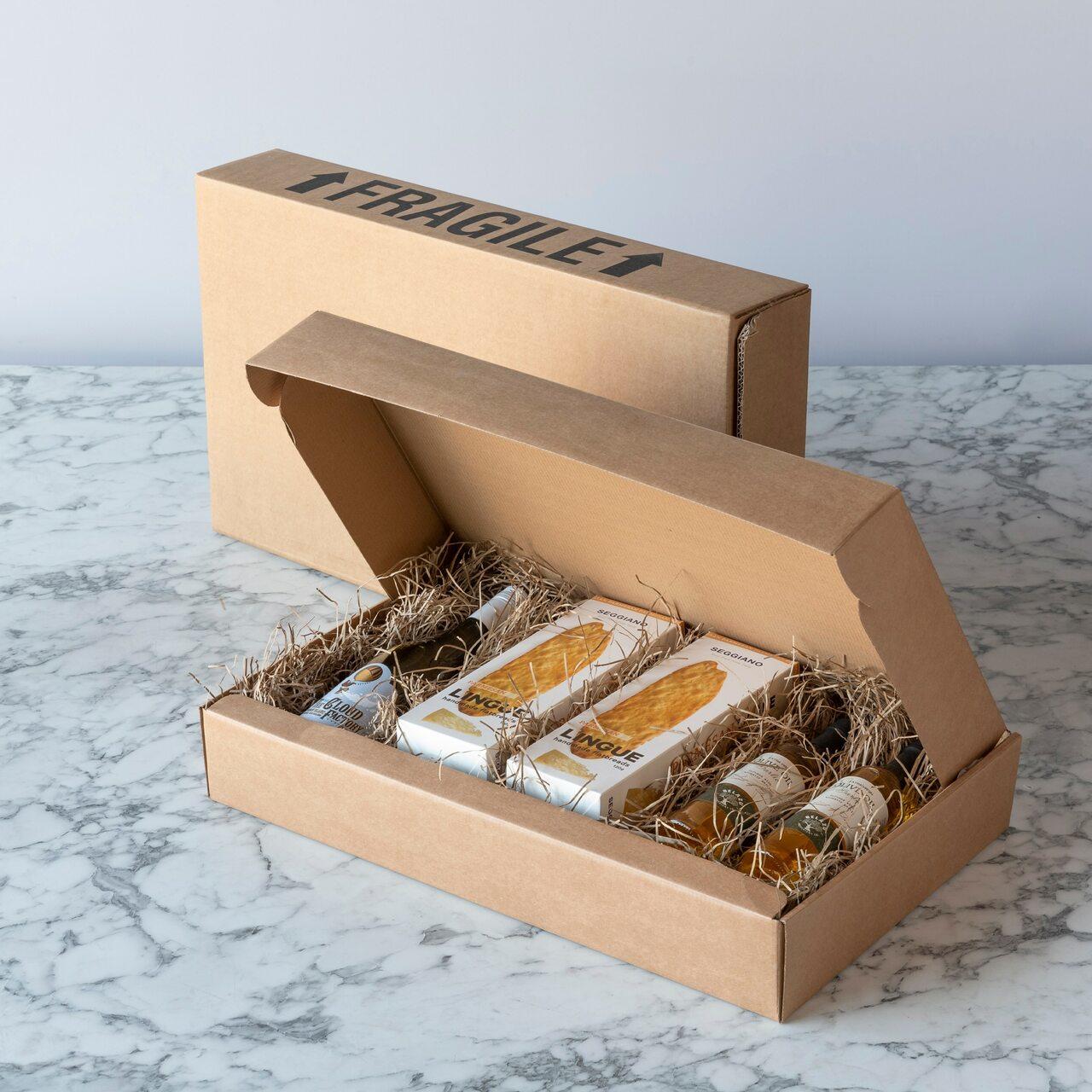 Flat 6 bottle card gift box from high-density rigid paperboard.