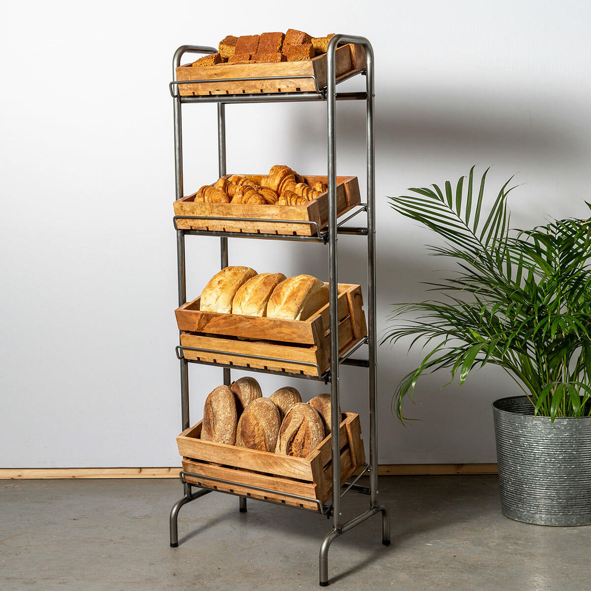 Camberwell retail stand 4 shelf with chatto wooden crates featuring a multi-tiered layout for product positioning.