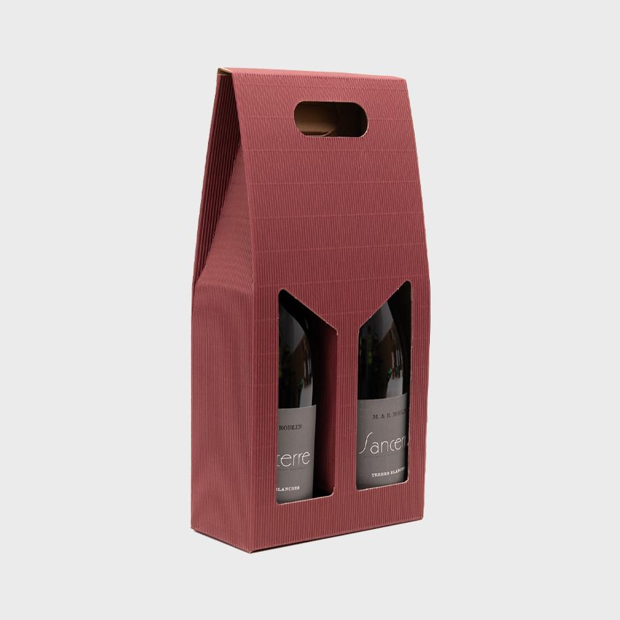 2 bottle burgundy fluted gift box with windows from high-density rigid paperboard.