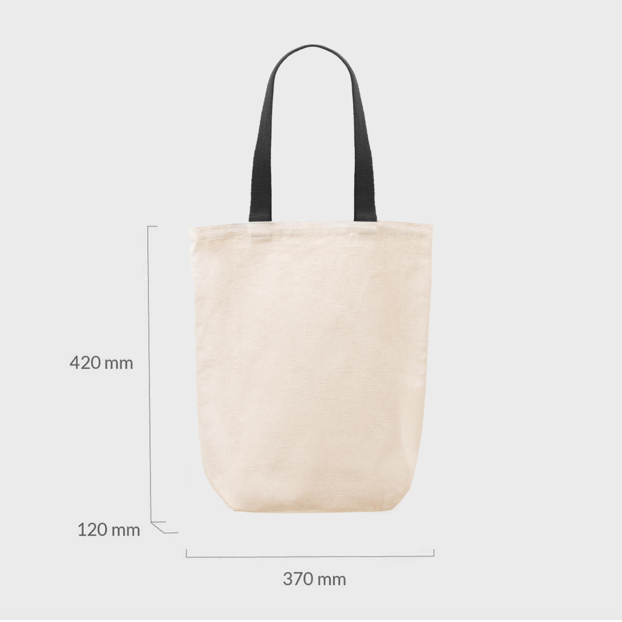 Medium natural 8oz canvas bag with base gusset and black handles.