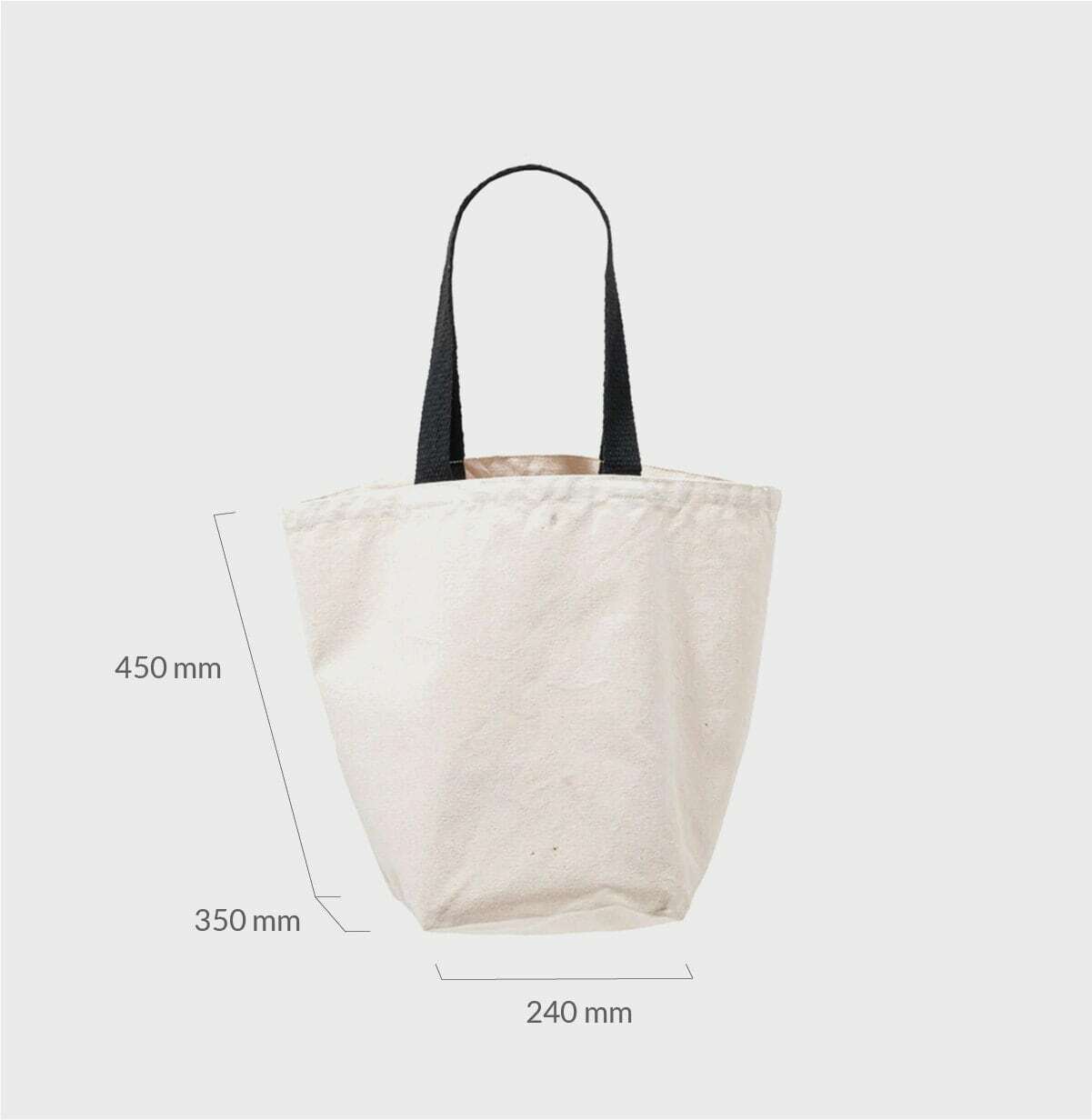 Large natural 12oz canvas bag with base gusset and black handles professional clean structural profile finish.
