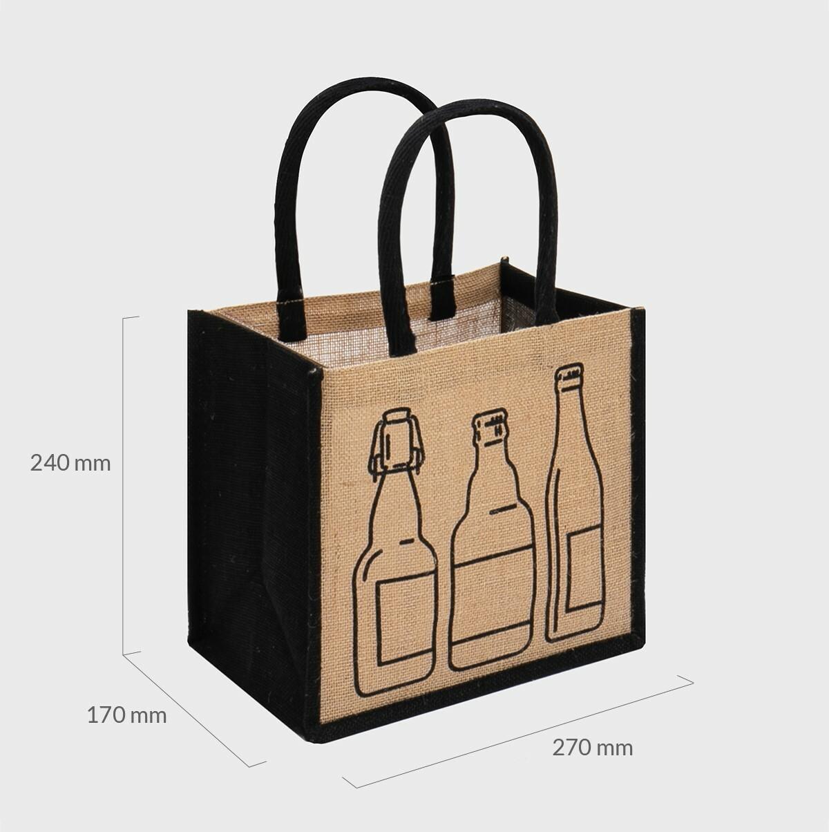 6 beer bottle printed jute bag with removable dividers.