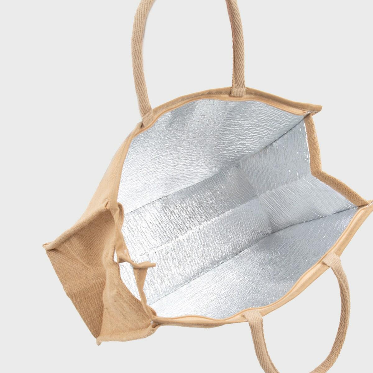 Large natural jute cooler bag with padded handles.
