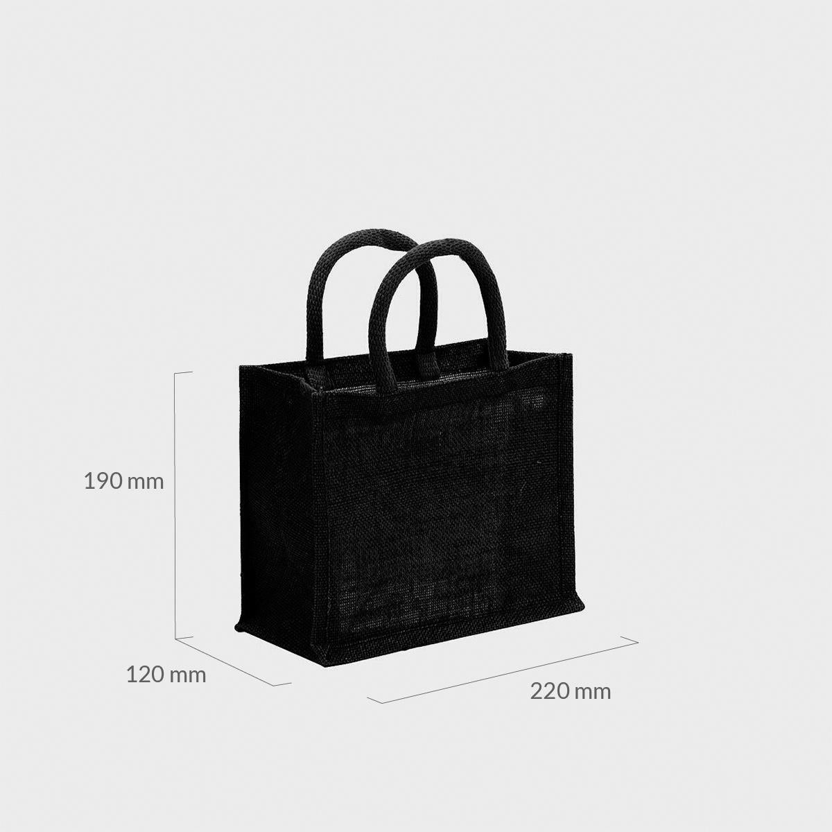 Mini black jute bag with padded handles.