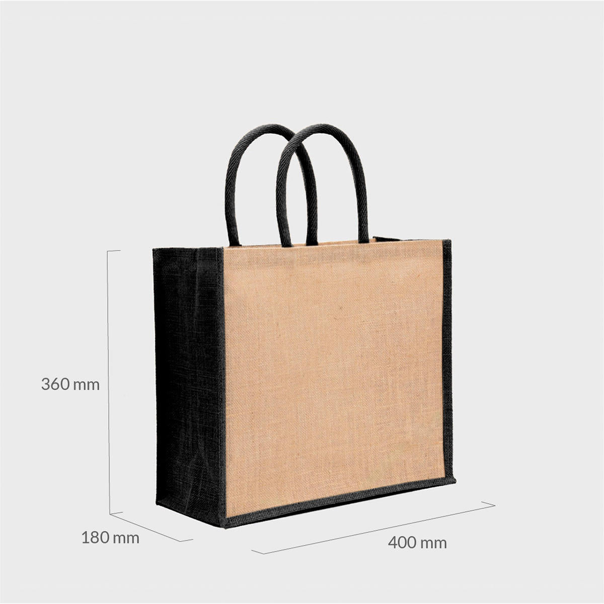 Large natural jute bag with black gussets and padded handles.