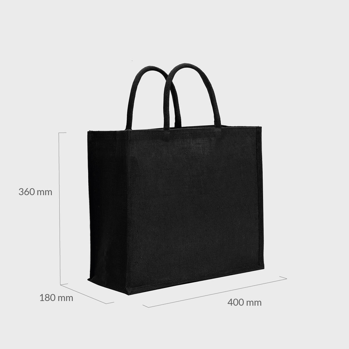 Large black jute bag with padded handles.