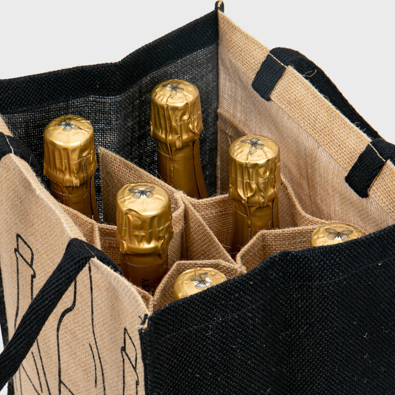 6 bottle printed jute bag with removable dividers.