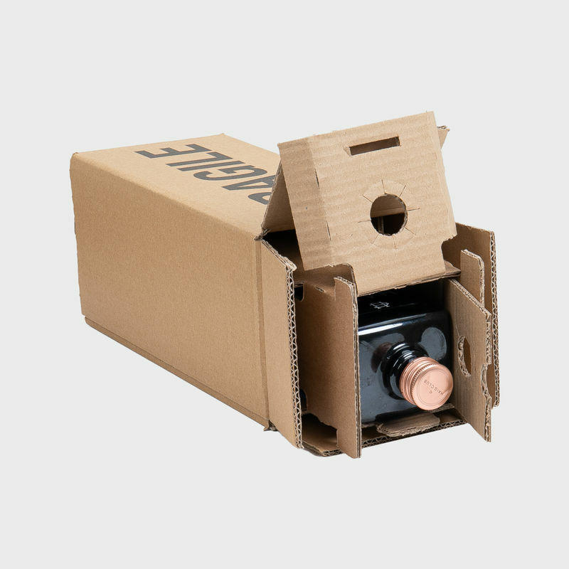 1 bottle spirit Mailsafe shipping box from thick, impact-resistant inner for bottle security.