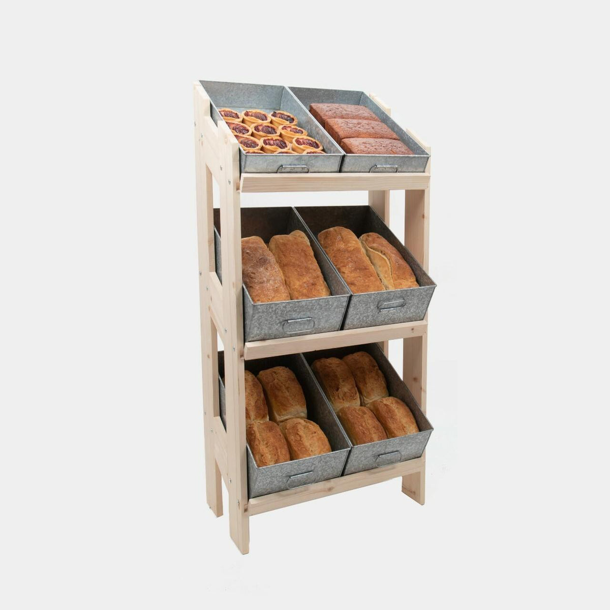 Norwood 3-shelf stand with galvanised trays 650 featuring a multi-tiered layout for product positioning.
