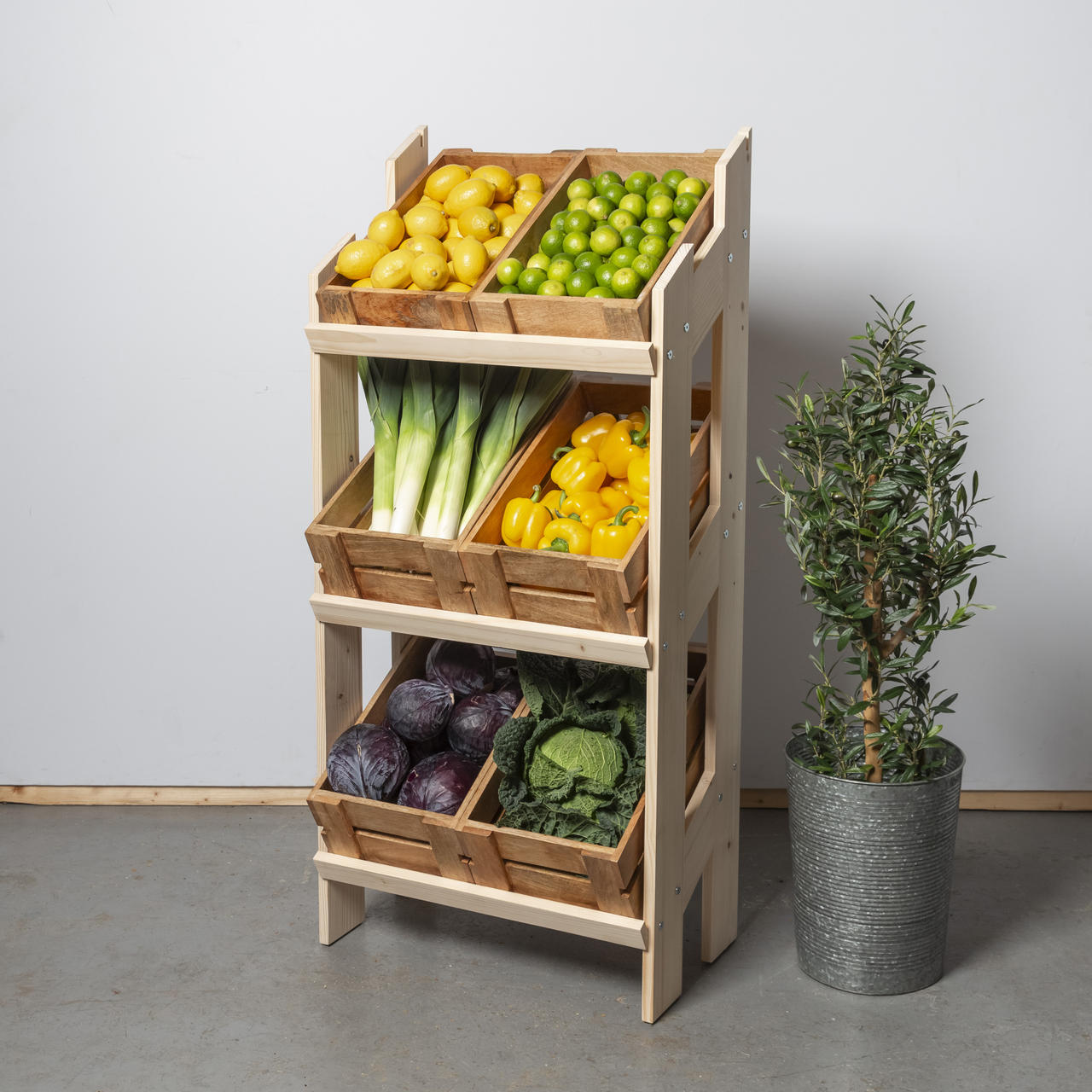 Norwood 3-shelf stand with mango wood crates 650 featuring a multi-tiered layout for product positioning.