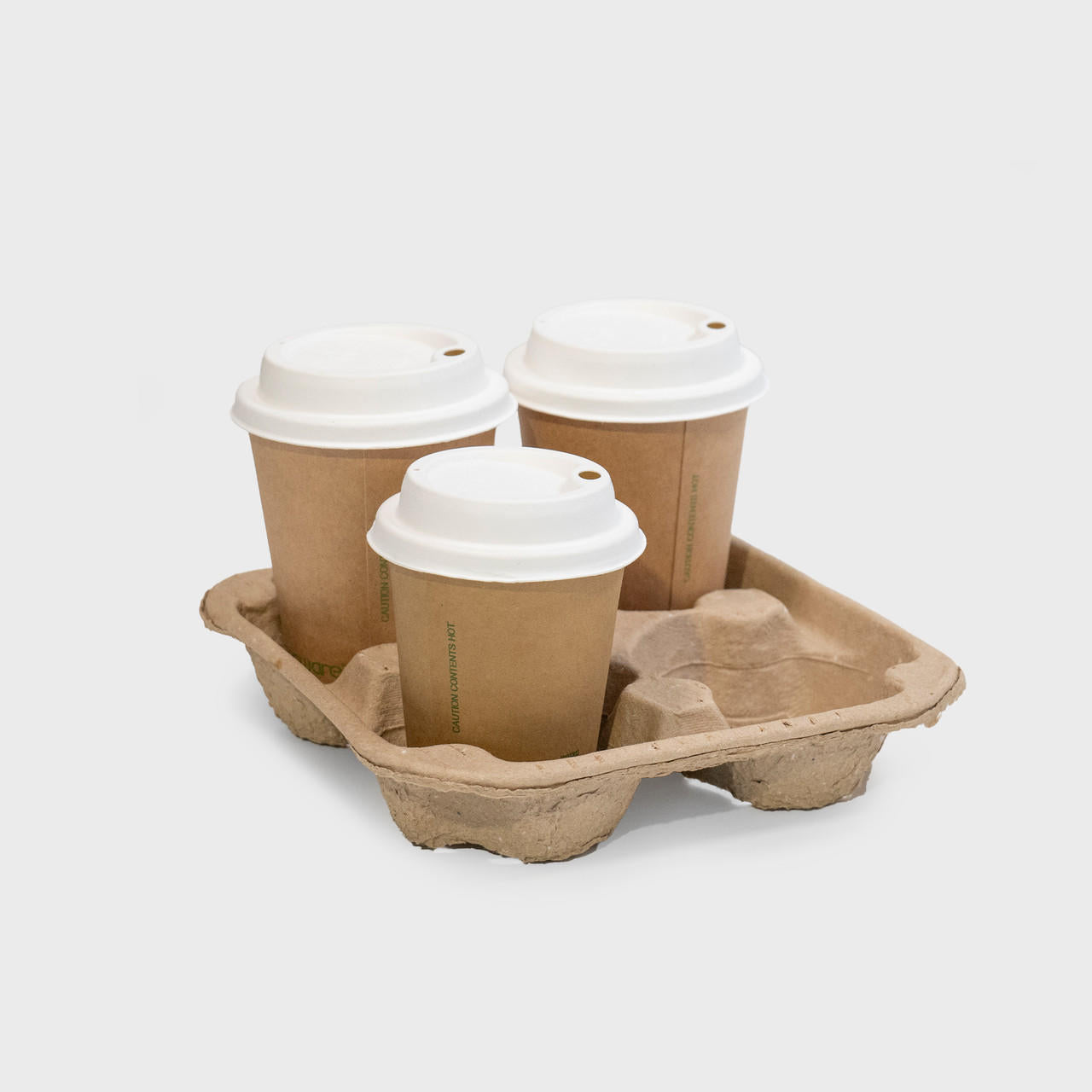 Pulp cup carrier tray with structured, low-profile walls and open-top design.