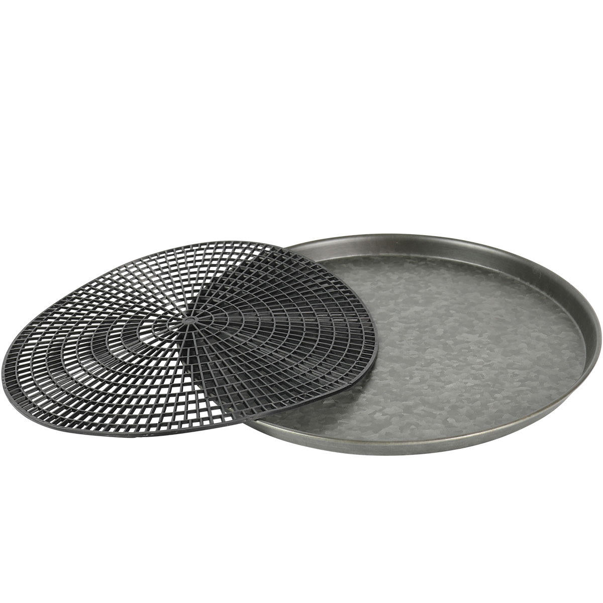 Round bar tray with non-slip mat with structured, low-profile walls and open-top design.
