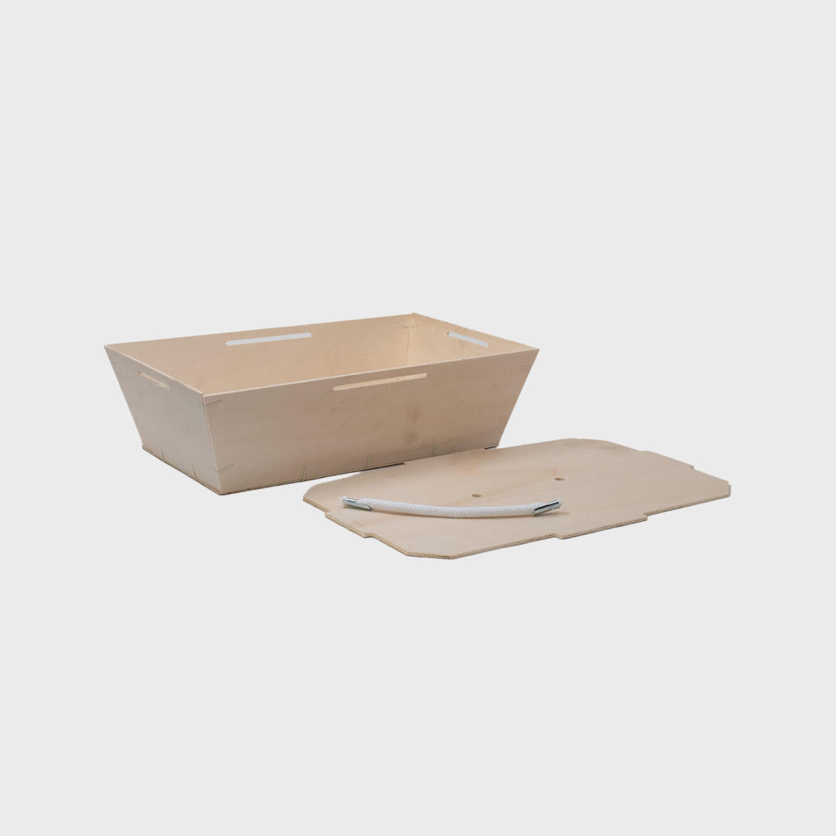 Wooden gift tray with clip on lid with structured, low-profile walls and open-top design.