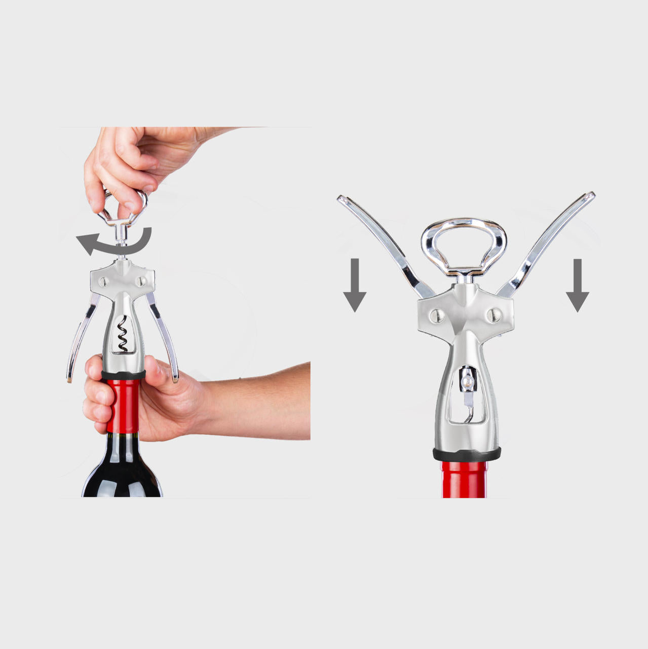 Winged silver corkscrew.