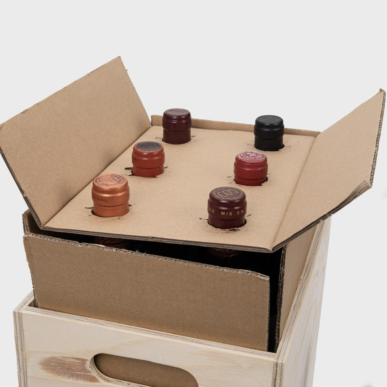 Tall wooden hamper box with drop on lid from high-density rigid paperboard.