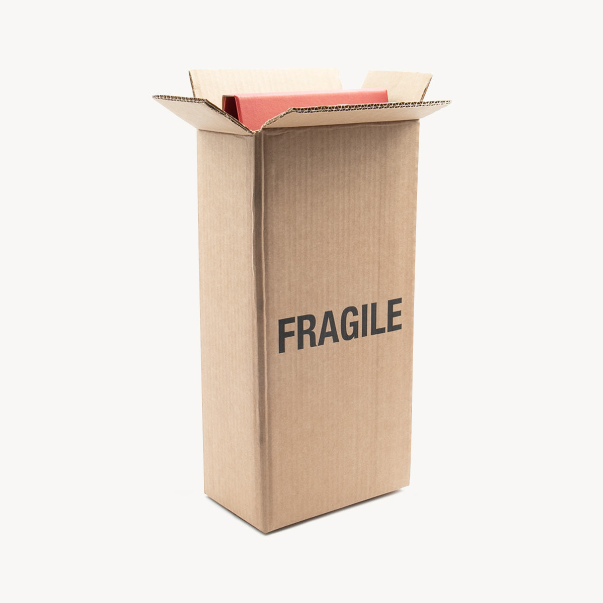 2 bottle carton protective outer made from robust corrugated cardboard for shock absorption.