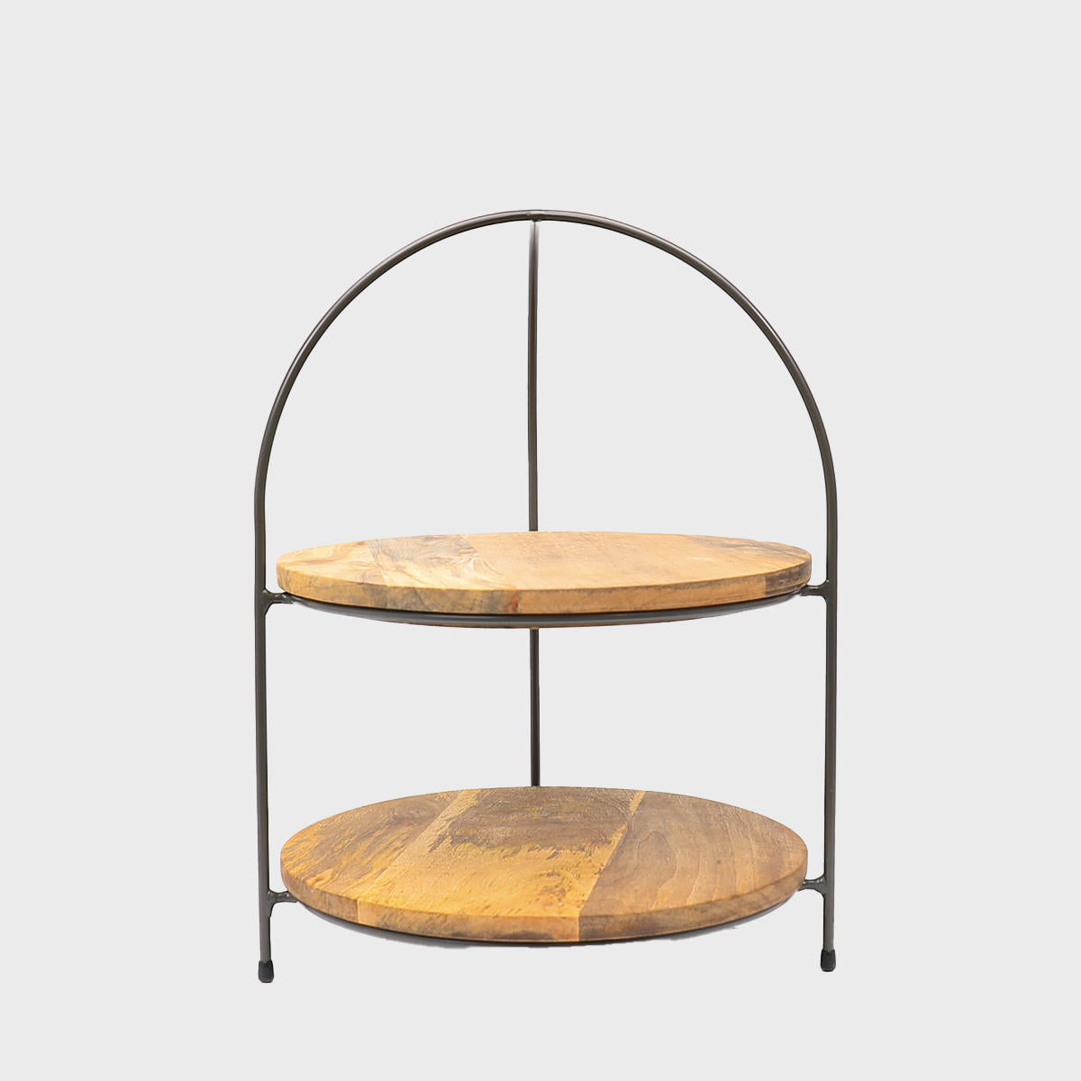 Leander metal tiered riser with mango wood serving board designed to add functional height and dimension.