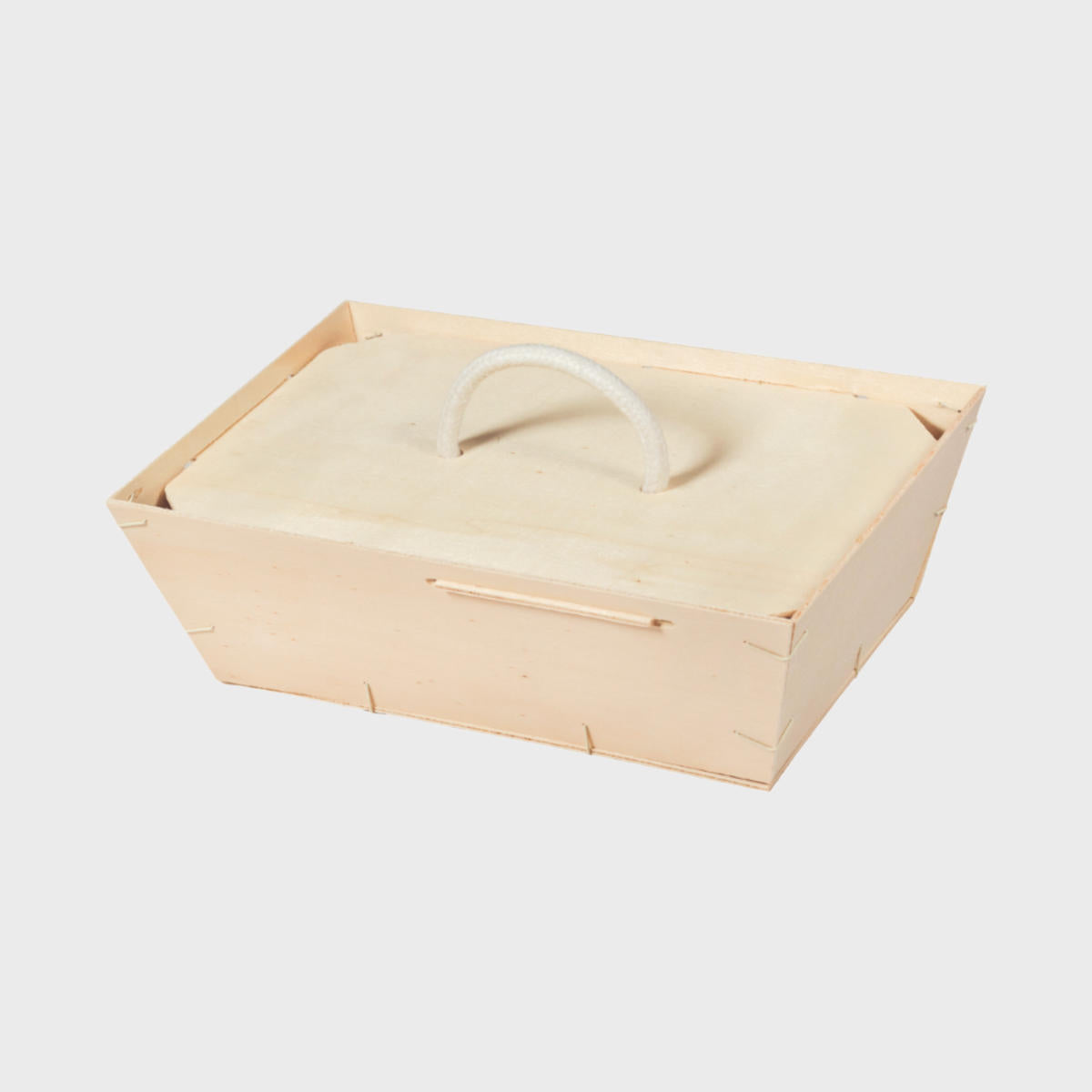 Wooden gift tray with clip on lid with structured, low-profile walls and open-top design.