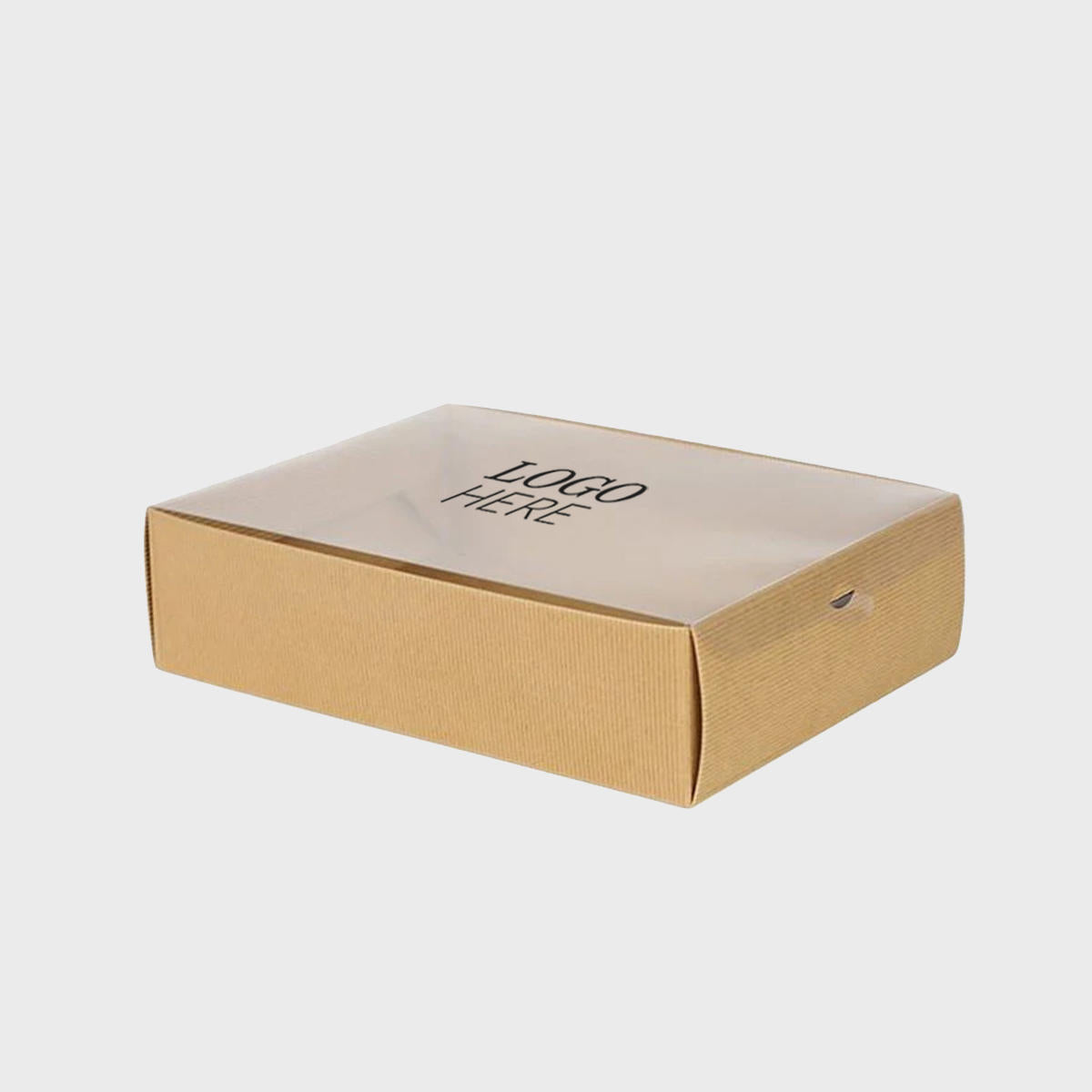 Kraft gift box with clear lid from high-density rigid paperboard.